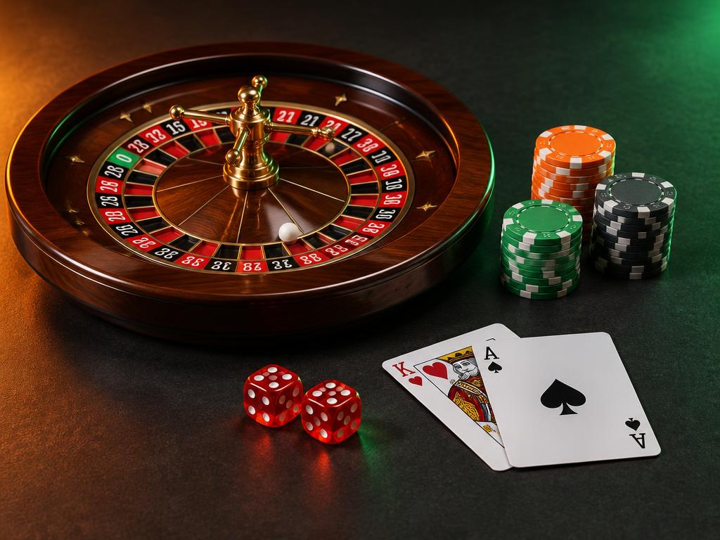 Roulette wheel, playing cards and casino chips