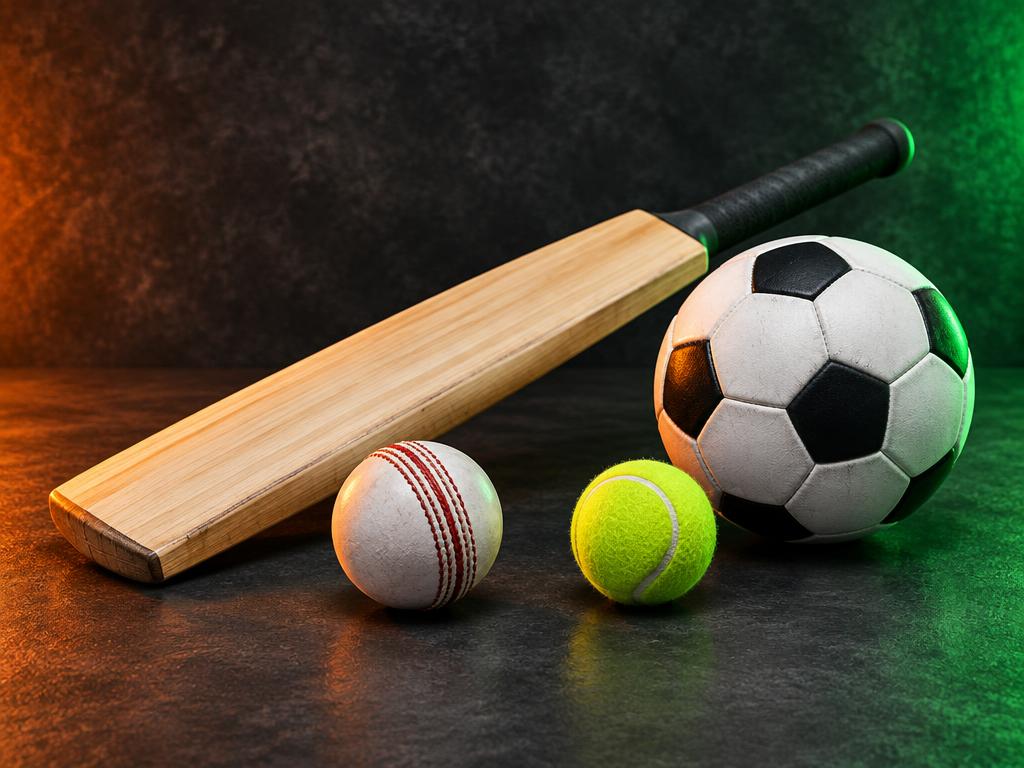 Cricket bat, football and tennis ball
