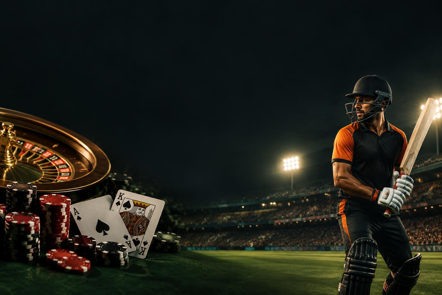 Cricket player in a stadium alongside roulette, playing cards, and casino chips